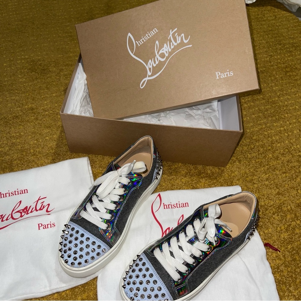 Christian Louboutin Vieirissima 2 Flat Grey Spike Lace Up Low Top Sneaker 37.5
